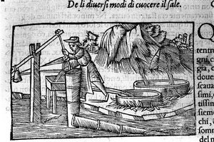 Producción de sal: cocción. Grabado de Olaus Magnus (1490 - 1557), religioso y geógrafo sueco, "Historia de Gentis Septentrionalibus", Venecia de Unbekannt