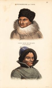 Pueblo sami o lapones. Jannes Holm con sombrero y cuello de piel, y su esposa con sombrero de piel, noruegos de Laponia. Hiperbóreos o finlandeses. Grabado en acero coloreado a mano por Lizars a partir de una ilustración de Charles Hamilton Smith de su His de Unbekannter Künstler