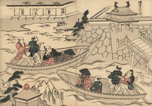 Samurai cruzando el río (en Akasaka Mitsuke) en una barca de camino al barrio de recreo de Yoshiwara. Grabado xilográfico de Masanobu Okumura (1686-1764) de Fuzoku Emakimono, Picture Scroll of the Water Trade, Tokio, reimpresión de hacia 1880. de Unbekannter Künstler