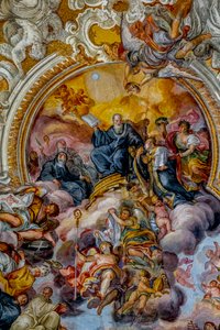 Iglesia de San Benedetto (San Benito), Catania, Sicilia (Italia). Detalle del fresco del techo (siglo XVIII). San Benito.
