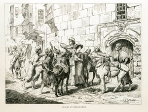Dibujo satírico que representa a turistas occidentales rodeados de burros y sus conductores - Ilustración del Atlas de Egipto de Unbekannt