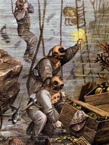 Buceador descubriendo un tesoro submarino,principios del siglo XX (ilustración)