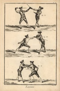 Segunda posición del desarme en tierce, desarme en la carte o seconde thrust, y segunda posición del desarme en la carte. Grabado al cobre de Robert Benard de la sección Esgrima de la Enciclopedia de Denis Diderot, Pellet, Ginebra. de Unbekannter Künstler