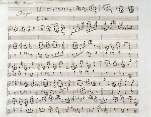 Página de partituras de la Fuga de Haendel de un manuscrito que contiene dos obras, de Domenico Scarlatti y de Friedrich Haendel de Unbekannter Künstler