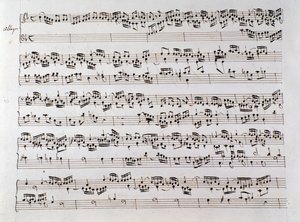 Página de partituras de la Fuga de Haendel de un manuscrito que contiene dos obras de Domenico Scarlatti y Friedrich Haendel
