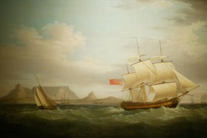 Barco frente a Ciudad del Cabo en Sudáfrica. Pintura. Museo Nacional de Cultura, Pretoria, Sudáfrica de Unbekannter Künstler