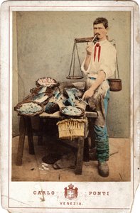 Pequeños oficios: retrato de vendedor de pescado, cerca de su carga de pescado, Venecia. Impresión del siglo XIX en cartón Dim. 11x16,5 cm de Unbekannt