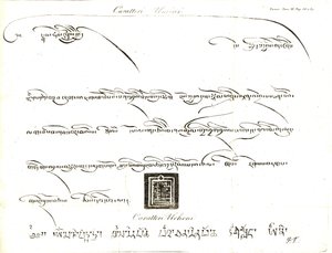 Ejemplos de los caracteres Uminn y Uchen en la lengua del Tíbet. Ilustración del teniente Samuel Davis Del Capitán Samuel Turner (1759-1802) Relato de una embajada a la corte del Teshoo Lama en el Tíbet 1800. Grabado al cobre de dell