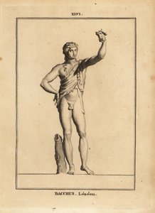 Estatua de Baco Lenaios, el dios romano del vino, desnudo salvo por una piel de león, presionando un racimo de uvas de Unbekannt