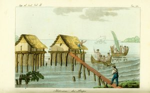Casas sobre pilotes en el océano en la isla de Rawak, Papúa Nueva Guinea de Unbekannt