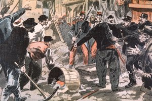 Lucha entre grevistas bretones y fuerzas del orden en una obra, París, principios del siglo XX (grabado) de Unbekannter Künstler