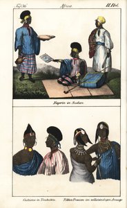 Mujeres sudanesas vestidas a rayas. Abajo, demmes de Tombuctú (Malí) y mujeres tibbo del Sáhara. Litografía para el libro: "Galerie complete en tableaux fideles des peuples d