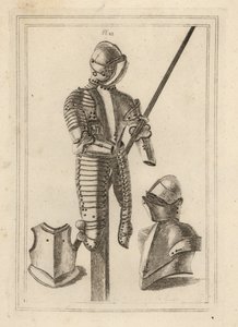 Armadura de justas con gran guardia y soporte de lanza de la Torre de Londres 1, casco y gran guardia 2, peto de una coraza 3 de Unbekannt