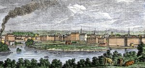 Fábricas textiles a lo largo de los ríos Merrimack (Merrimac) y Concord, Lowell, Massachusetts, EE.UU. en la década de 1830. Grabado coloreado del siglo XIX. de Unbekannter Künstler