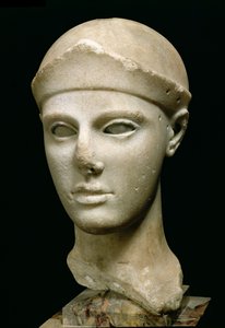 La Atenea de Egina, con casco, cabeza de una estatua, Griega, Eginetana, c.460 a.C. de Unbekannt