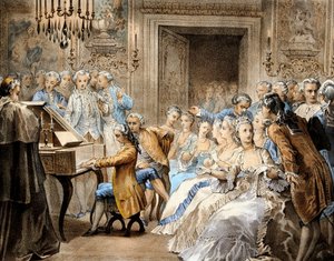 El compositor austriaco Wolfgang Amadeus Mozart (1756-1791) a la edad de 14 años interpretando de memoria el "Miserere" de Gregorio Allegri. de Unbekannter Künstler