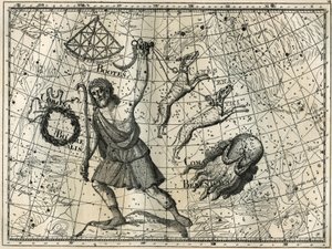 El Arco, la Corona Boreal, los perros de caza, el cabello de Berenice. Grabado de Les étoiles et les autres curiosités du ciel de Camille Flammarion