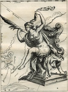 La Casiopea del Atlas de Hevelius (1690): Casiopea, esposa del rey etíope Cefeo, sentada en un sillón adornado con palmeras. Grabado de 