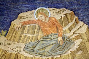 Iglesia de Todas las Naciones, también conocida como la Iglesia o Basílica de la Agonía, Cristo en agonía, mosaico de la Basílica en Getsemaní, Jerusalén, Israel