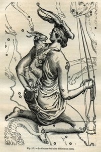 El coche del Atlas de Hevelius (1690): La constelación del Coche, que sostiene en la mano derecha un látigo y riendas y en el brazo izquierdo la Cabra y dos cabritos, es una de las más antiguas en la esfera griega. Grabado del libro Las estrellas y otras c de Unbekannt