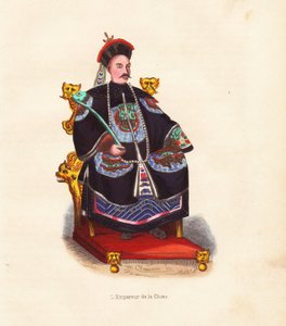 El Emperador de China sentado en su trono con túnica bordada y sombrero con pluma de pavo real. xilografía coloreada a mano de Mercier a partir de una ilustración de Pannemaker de la obra de Auguste Wahlen "Mores, Uses et Costumes de tous les Peuples du Mo