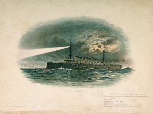 El HMS "Terrible", crucero de primera clase, construido por la Barrow in Furness Shipbuilding and Arms Company en 1897. Cromolitografía de finales del siglo XIX, por W.S. Tomkin ().