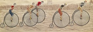 La última vuelta, carrera de Penny Farthing en seda tejida Stevengraph, por Thomas Stevens de Coventry