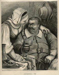 El pequeño Pouket: el ogro y su esposa después de terminar la comida. Grabado de Gustave Doré (1832-1883) de “Les contes” de Charles Perrault (1628-1703) de Unbekannt
