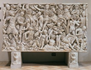 El sarcófago Ludovisi con representación en alto relieve de los romanos luchando contra los bárbaros, 250-80 d.C. de Unbekannt