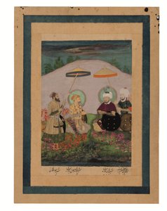 El emperador mogol Shah Jahan con su antepasado Timur (gouache con oro sobre papel) de Unbekannter Künstler