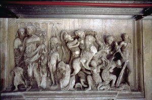 La fachada trasera, detalle de decoración en relieve antiguo (algunas piezas del Ara Pacis de Augusto) que representa una escena de batalla (piedra) de Unbekannt