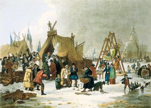 El Támesis se congeló durante el invierno de 1813-1814, antes de la demolición del viejo puente de Londres en 1831, el Támesis se congelaba durante los inviernos muy fríos, y los londinenses aprovechaban la oportunidad para instalar parques infantiles para de Unbekannter Künstler