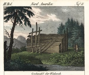 La tumba de madera de los indios wakashan (Canadá). Litografía para el libro: "Galerie complete en tableaux fideles des peuples d