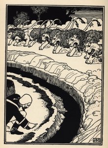 El barón se defiende del ataque de leones prendiendo fuego a la pólvora. Ilustración de William Strang (1859-1921) y JB Clark del libro Las aventuras del Barón de Munchausen, de Rudolf Erich Raspe (1736-1794) (1789)
