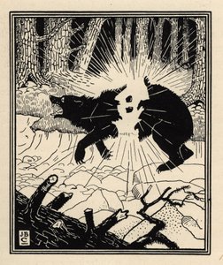 El barón explota un oso negro con dos pedernales. Ilustración de William Strang (1859-1921) y JB Clark del libro Las aventuras del Barón de Munchausen, de Rudolf Erich Raspe (1736-1794) (1789) de Unbekannt
