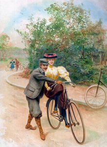 La lección de la bicicleta, principios del siglo XX (impresión) de Unbekannter Künstler