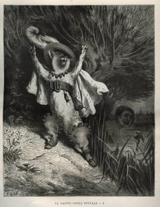 El gato con botas pide ayuda. Grabado de Gustave Doré (1832-1883) de Les contes de Charles Perrault (1628-1703) de Unbekannt