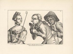 Las cómicas figuras de Cimón y Mopsus con la encantadora Phillida. De la ópera bufa de Colley Cibber Damon y Phillida