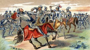 La muerte de John Talbot en la batalla de Castillon (1453), finales del siglo XIX (Cromolitografía) de Unbekannter Künstler