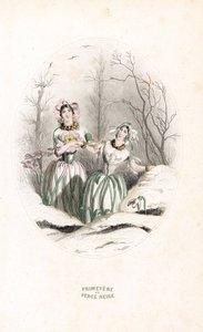 Las tasas atraviesan la nieve y primevere en un paisaje nevado - Eau forte de Charles Geoffroy (1819-1882), basado en una ilustración de Jean Ignace Isidore Gerard dit J.J.J.Granville (1803-1847), para Les fleurs animees