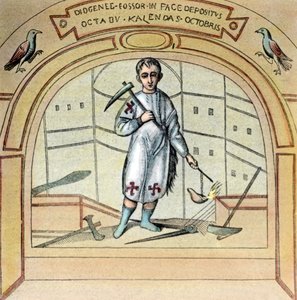 El fossor o cavador de tumbas Diógenes como pintura mural en la iglesia de San Marcelino en la Vía Labicana de Roma, Italia, años veinte. de Unbekannter Künstler