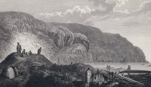 Los habitantes de Oonalashka (o Unalaska, Alaska, Estados Unidos) y sus hogares. Grabado de finales del siglo XVIII, según John Webber (1751-1793). de Unbekannter Künstler
