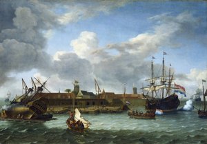 La isla de Onrust, frente a las costas de Batavia (actual Yakarta, Indonesia), dotada de todas las infraestructuras necesarias para las actividades comerciales y el mantenimiento de los navíos de la Compañía Holandesa de las Indias Orientales.