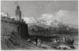 El pintoresco puerto de la ciudad fortificada de Tánger en el siglo XIX, en el libro sobre el Mediterráneo de Louis Enault (1824-1900), periodista y viajero francés. Louis Enault, EL MEDITERRÁNEO SUS ISLAS Y SUS COSTAS, Morizot de Unbekannt