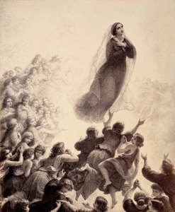 Los espíritus de los bienaventurados, con los brazos extendidos, acompañan con cantos la ascensión de María al Empíreo. Ilustración del Canto XXIII del Paradiso de La Divina Comedia de Dante Alighieri. Obra de Francesco Scaramuzza dedicada al Ayuntamiento  de Unbekannter Künstler