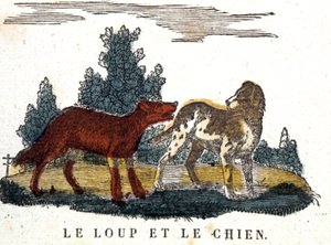 El lobo y el perro, cuento de La Fontaine, principios del siglo XIX (grabado)