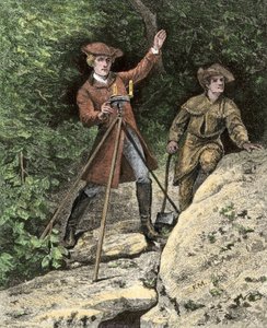 El joven George Washington (1732-1799) trabajando como geómetra en Virginia. Grabado para colorear del siglo XIX. de Unbekannter Künstler
