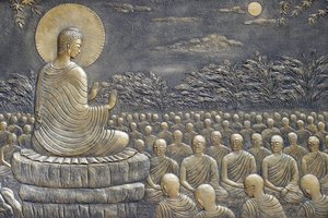 Templo budista Tinh Xa Ngoc Chau, La vida del Buda, Siddhartha Gautama, Buda con discípulos, enseñando, El Buda exhortó a sus primeros sesenta discípulos Arahant a ir en diferentes direcciones para predicar la Doctrina, Chau Doc, Vietnam, 2018 de Unbekannt