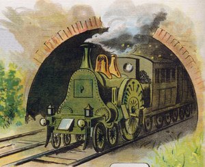 Tren saliendo de un túnel. Grabado en "ABC L
