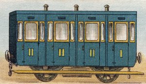 Vagón de tren. Grabado en "Alphabet de ma petite fille". Bernardin-Bechet y Fils, libreros-editores, París, alrededor de 1895. Álbum irrompible en lienzo. Bibliothèque des Bebes. 12 páginas. Álbum que contiene un método de lectura y un abecedario ilustrado